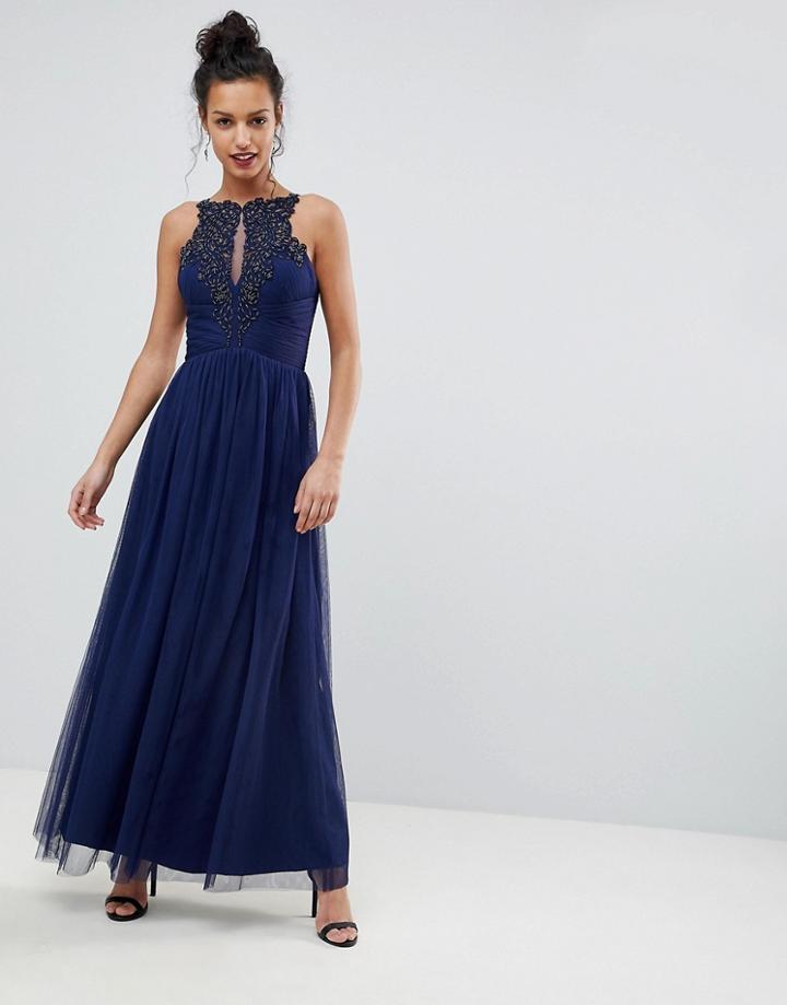 Little Mistress Applique High Neck Maxi Dress - Navy