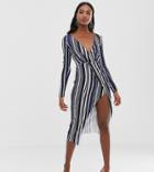 Asos Design Tall Long Sleeve Textured Wrap Midi Dress In Stripe - Multi