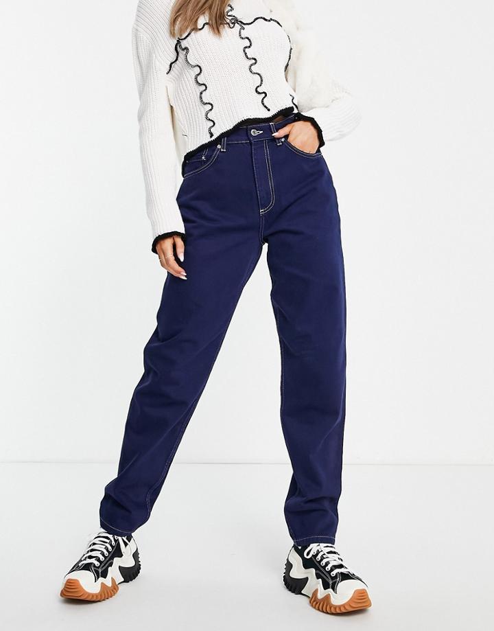 Asos Design 'slouchy' Mom Jean In Navy With Contrast Thread