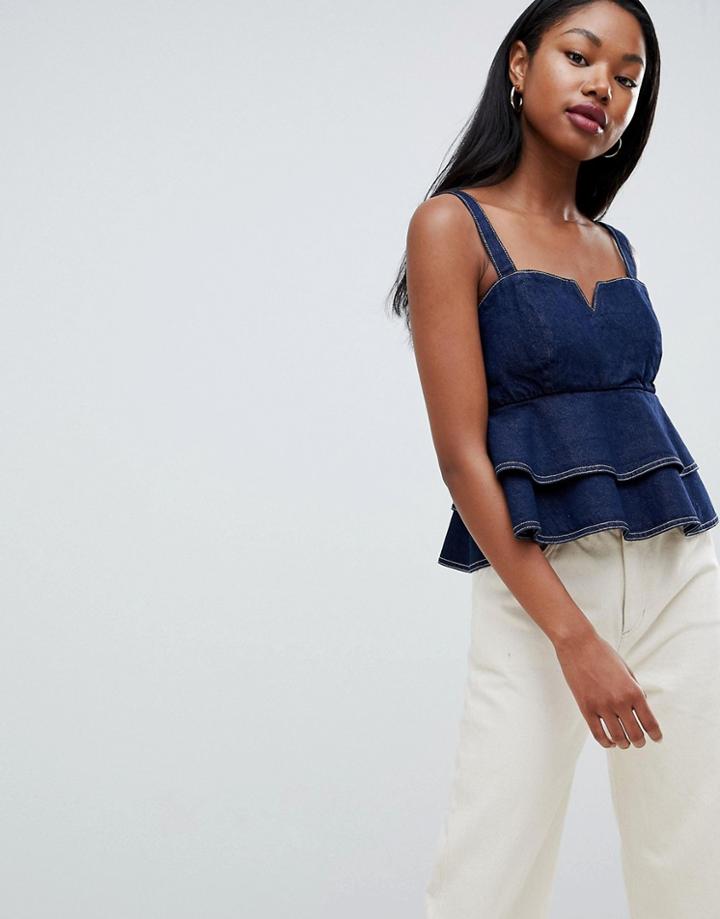 Asos Design Denim Cami Top With Ruffle Hem In Indigo - Blue