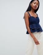 Asos Design Denim Cami Top With Ruffle Hem In Indigo - Blue