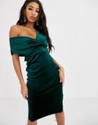 Asos Design Velvet Fallen Shoulder Midi Pencil Dress With Tie Detail