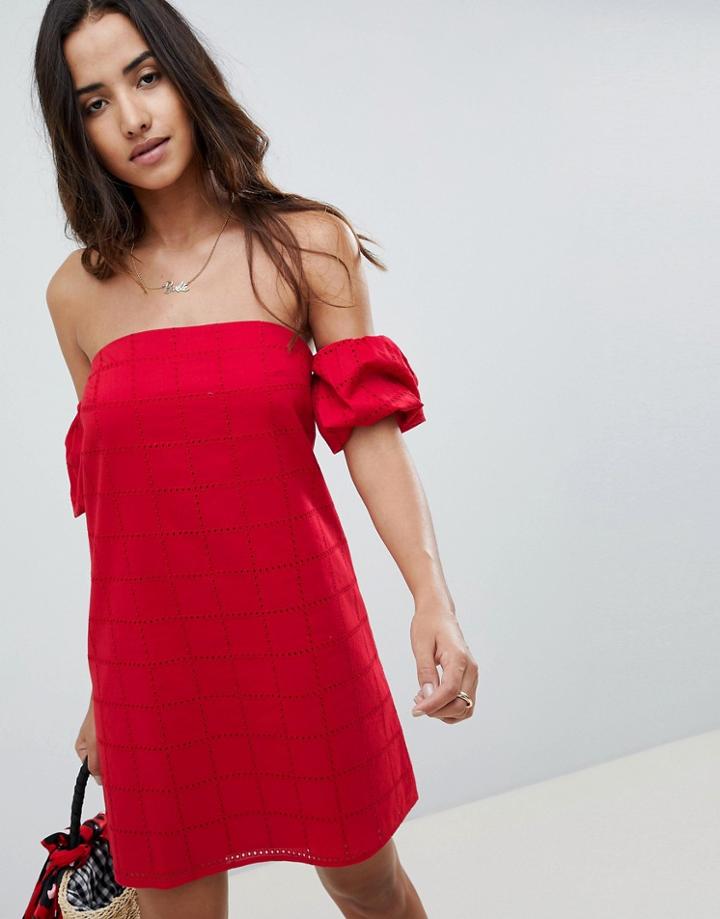Asos Design Ultimate Broderie Puff Ball Off Shoulder Mini Sundress - Red