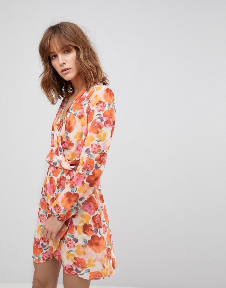 Love Long Sleeve Wrap Dress In Tropical Print - Multi