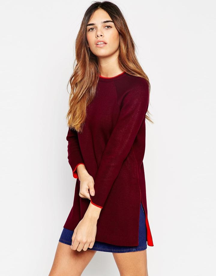 Asos Structured Tunic With Contrast Tipping - Dark Red