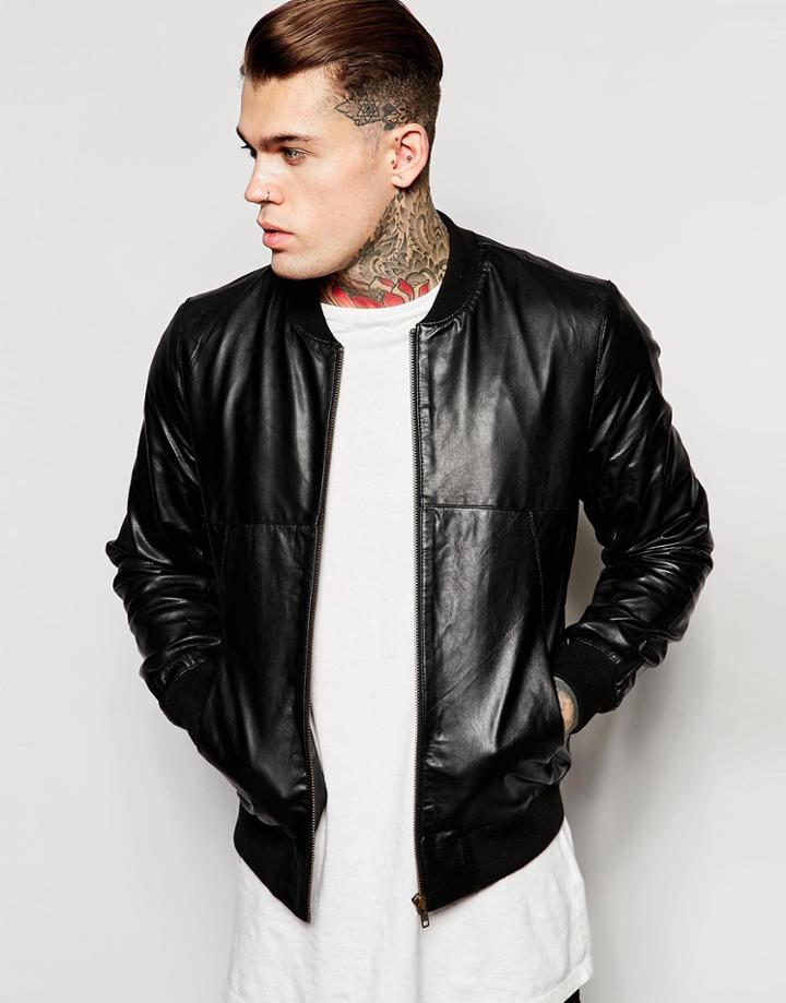 Asos Leather Bomber Jacket With Zip Front In Black - Black