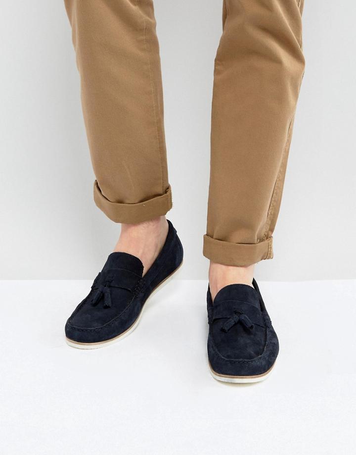 Asos Tassel Loafers In Navy Suede - Navy