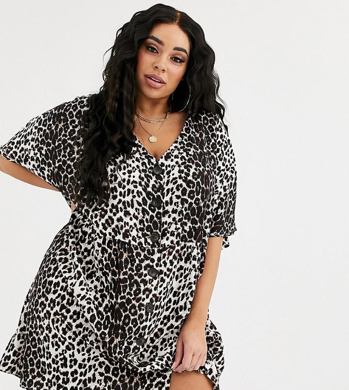 Asos Design Curve V Neck Button Through Mini Smock Dress In Leopard Print-multi