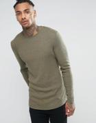 Asos Rib Longline Muscle Long Sleeve T-shirt With Curved Hem In Khaki - Green