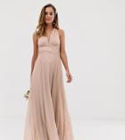 Asos Design Bridesmaid Ruched Bodice Drape Maxi Dress With Wrap Waist - Beige