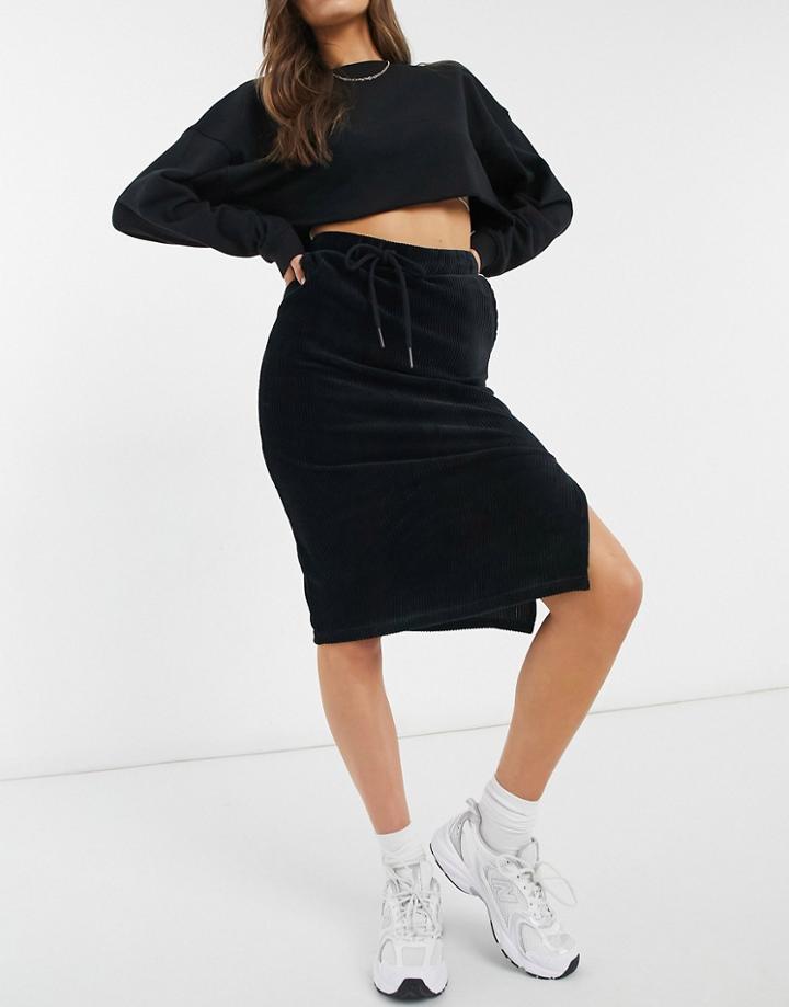 Pieces High Waisted Jersey Tie Waist Midi Skirt In Black