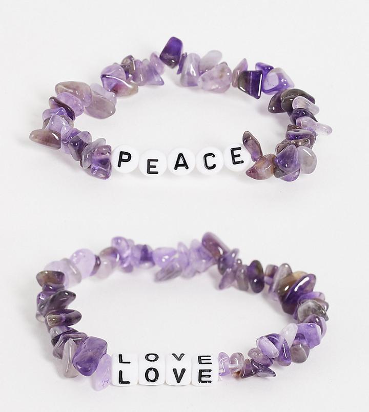 Reclaimed Vintage Inspired Semi Precious Amethysts Bracelets With Peace And Love Beads 2 Pack-multi