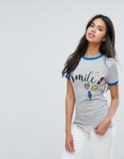 Brave Soul Maddie T Shirt With Smile Print And Badges - Gray