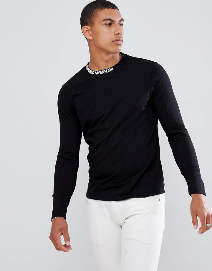 Emporio Armani Long Sleeve Top With Neck Logo In Black - Black