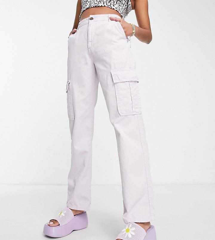 Stradivarius Str Petite Straight Leg Cargo Pants In Washed Lilac-purple