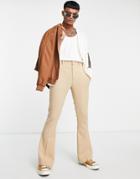 Asos Design Flared Wool Mix Herringbone Smart Pants In Stone-brown