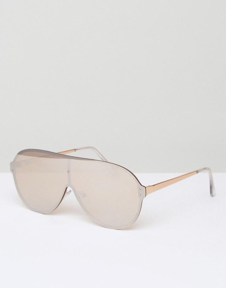 Asos Oversized Laid On Visor Aviator Sunglasses In Rose Gold Flash - Gold