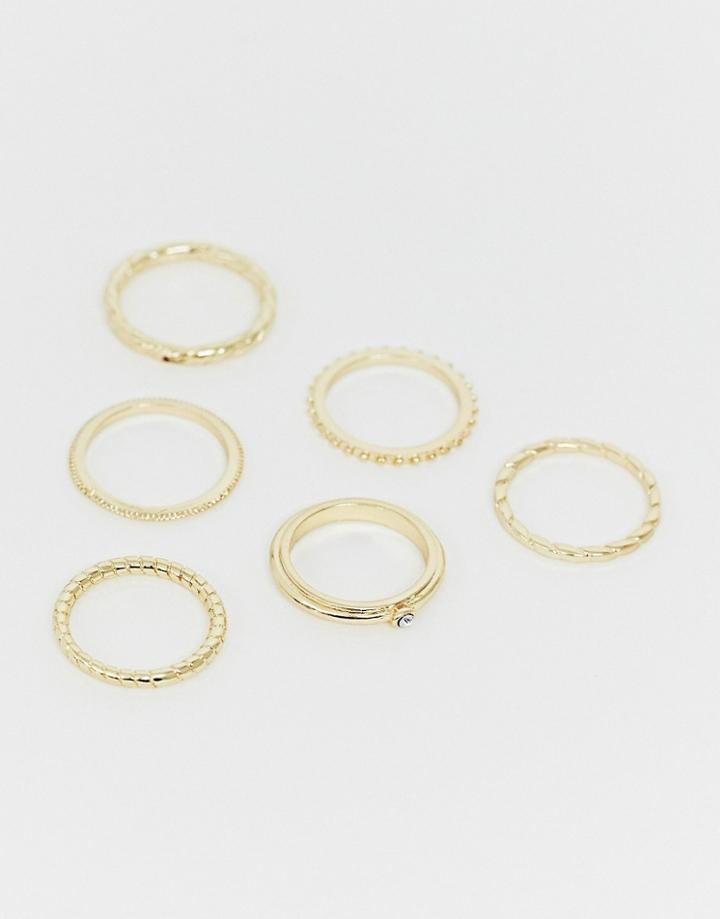 Asos Design Pack Of 6 Rings In Engraved Rope And Twisted Designs In Gold Tone
