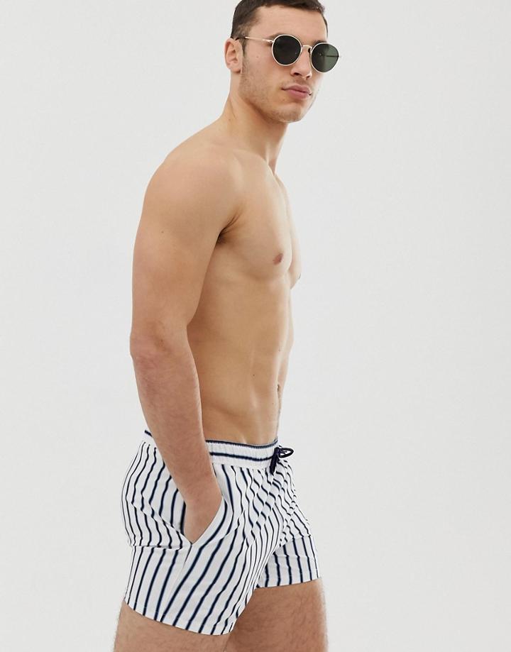 Asos Design Swim Shorts With White And Navy Stripe In Short Length - White