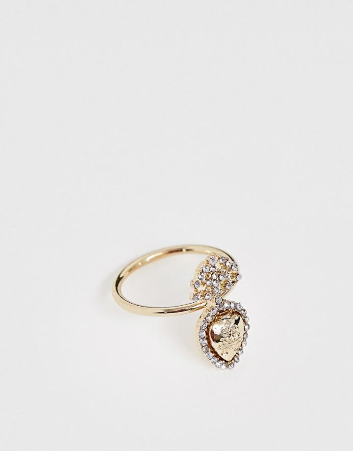 Asos Design Ring In Vintage Style Burning Heart Design With Crystal Detail In Gold Tone - Gold