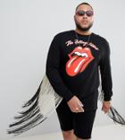 Asos Design Rolling Stones Plus Festival Relaxed Longline Long Sleeve T-shirt With Tassel Back - Black