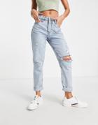 River Island Distressed Mom Jeans In Light Blue