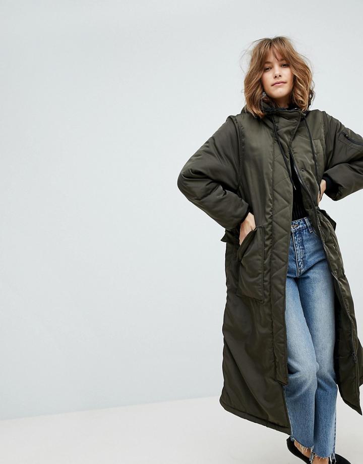 Monki Longline Padded Jacket - Green
