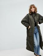 Monki Longline Padded Jacket - Green