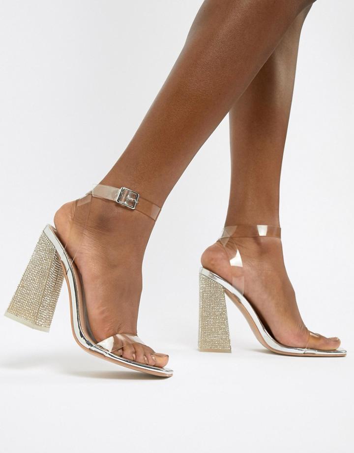 Public Desire Ayda Embellished Heel Clear Detail Sandals - Silver
