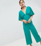 Asos Design Tall Tea Jumpsuit With Kimono Sleeve And Button Detail - Blue