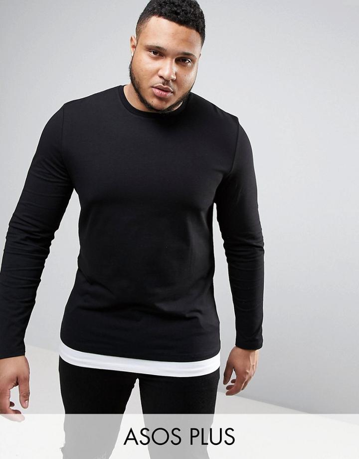 Asos Plus Longline Muscle Long Sleeve T-shirt With Contrast Hem - Black