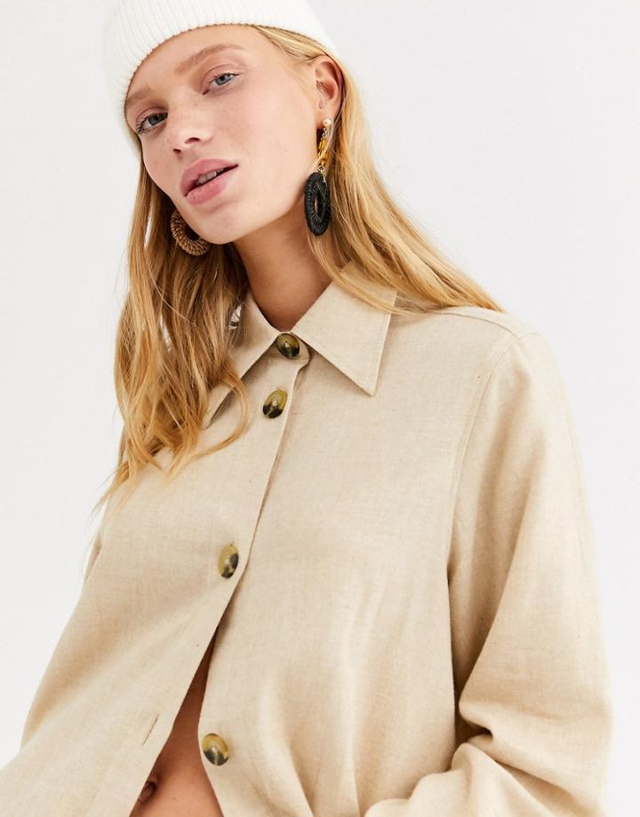 Monki Soft Flannel Oversized Shirt In Beige