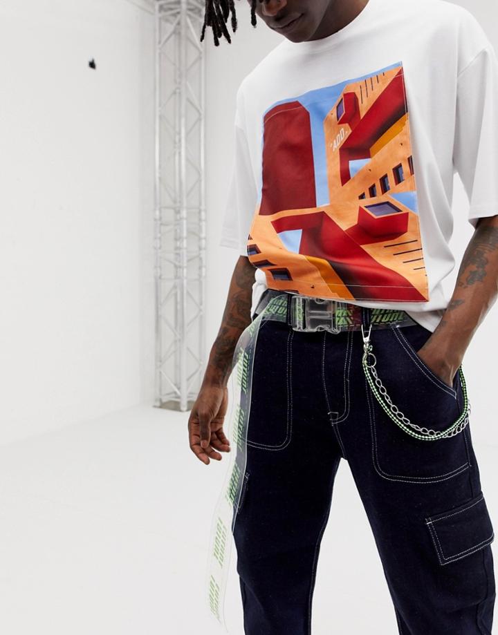 Asos Design Wide Long Ended Plastic Belt With Neon Text Print And Buckle - Clear