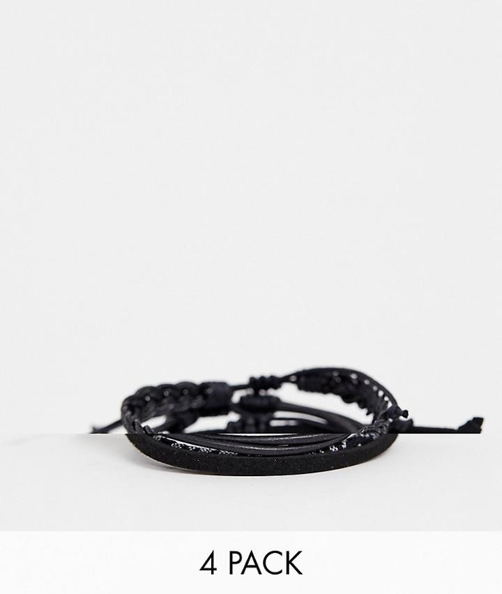 Asos Design 4 Pack Leather And Woven Bracelet In Monochrome-black