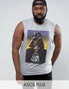 Asos Plus Star Wars Sleeveless T-shirt With Dropped Armhole And Darth Vader Print - Gray