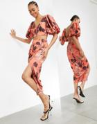 Asos Edition Drape Front Skirt In Cinnamon Orchid Print-multi