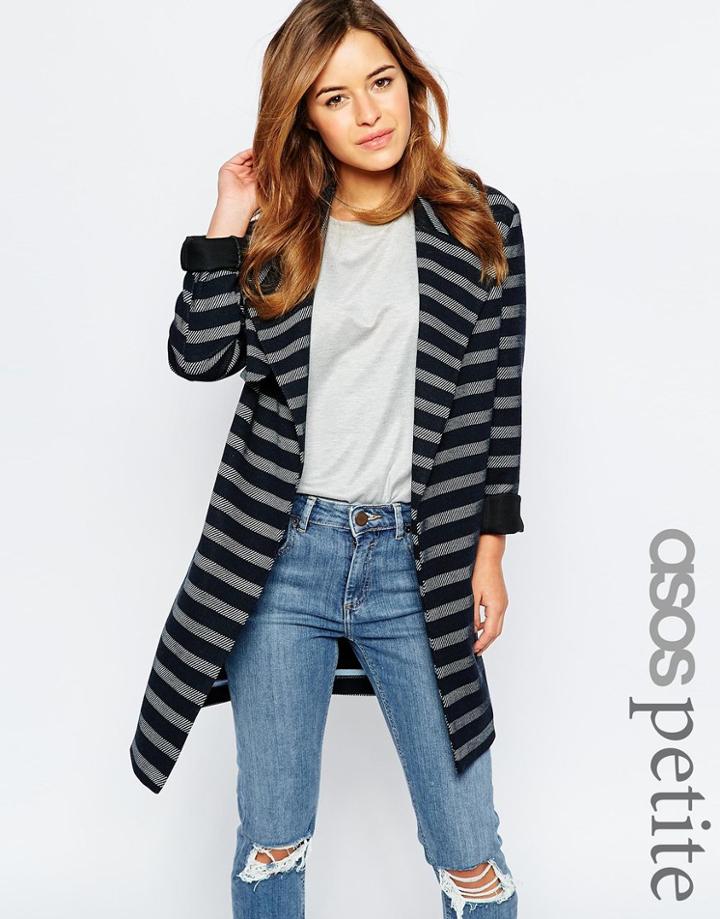 Asos Petite Coat In Relaxed Fit In Stripe - Navy