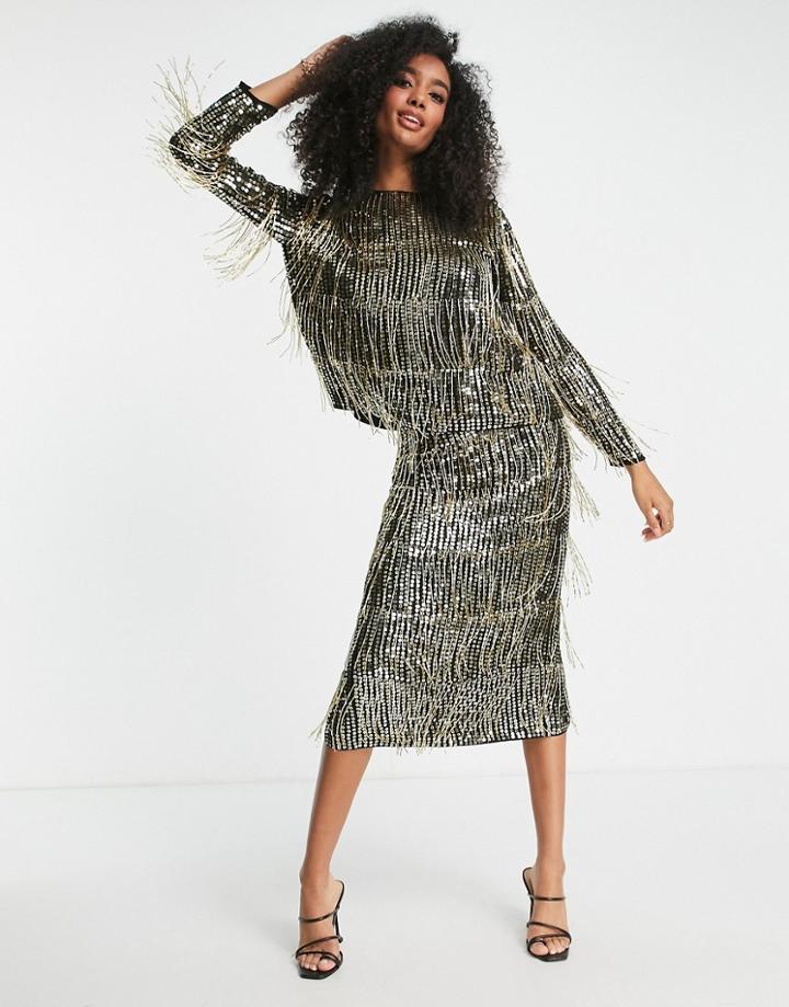 Asos Edition Sequin & Fringe Midi Pencil Skirt-black