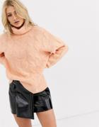 Bershka Roll Neck Cable Knitted Sweater In Salmon-pink