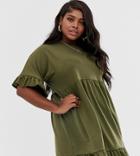 Asos Design Curve Mini Frill Sleeve Smock Dress In Sweat-green