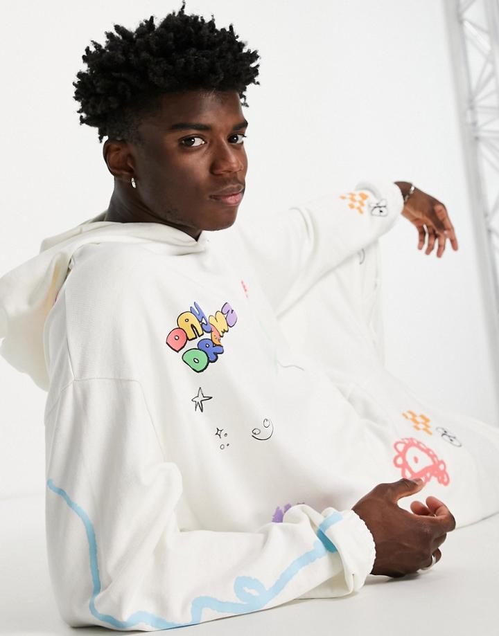 Asos Design Oversized Hoodie In Beige With Cartoon Prints - Part Of A Set-neutral