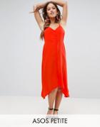 Asos Petite Midi Button Through Sun Dress With Dipped Hem - Red
