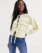 Asos Design Stitch Detail Cable Volume Sleeve Cardigan With Button Detail-cream