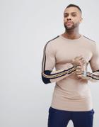 Asos Longline Muscle Long Sleeve T-shirt With Color Blocking And Taping - Beige