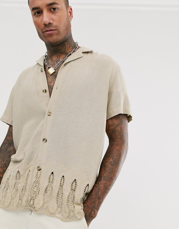 Asos Design Relaxed Fit Shirt In Stone With Embroidery Hem With Revere Collar-beige