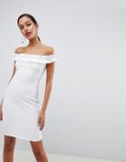 Outrageous Fortune Bardot Ruffle Detail Bodycon Dress In White - White