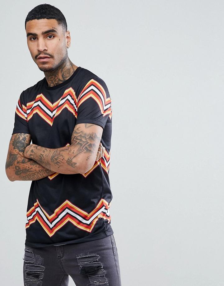 Asos Longline T-shirt With Chevron Stripe - Black