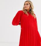 Asos Design Maternity Pleated Trapeze Mini Dress With Puff Sleeves In Dobby