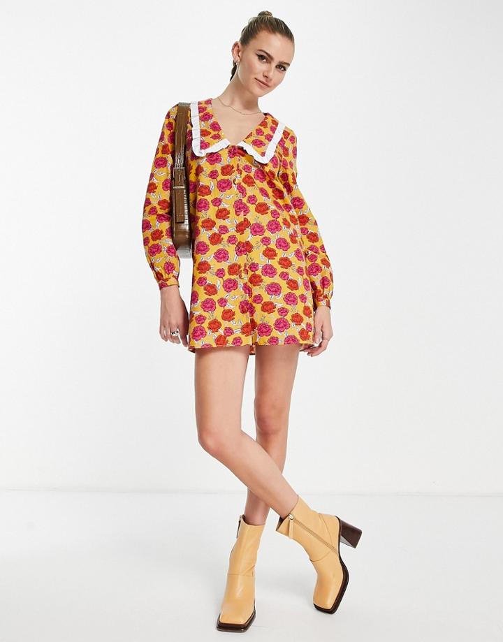 Never Fully Dressed Oversized Collar Mini Dress In Yellow Floral