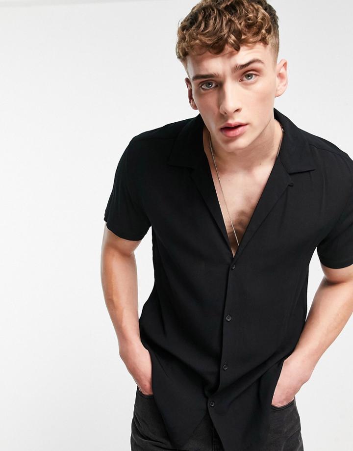 Topman Crinkle Viscose Deep Revere Shirt In Black